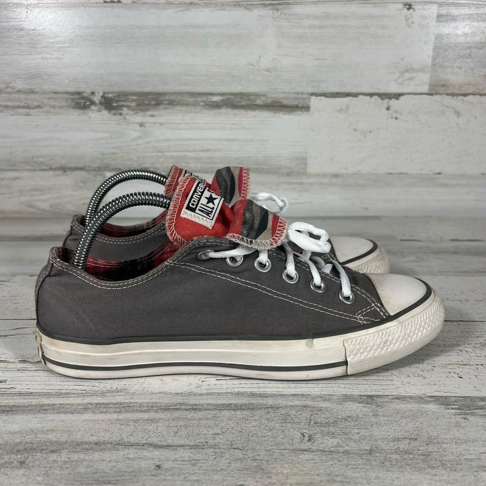 Converse Low Top Sneakers Gray with Red Plaid Accents